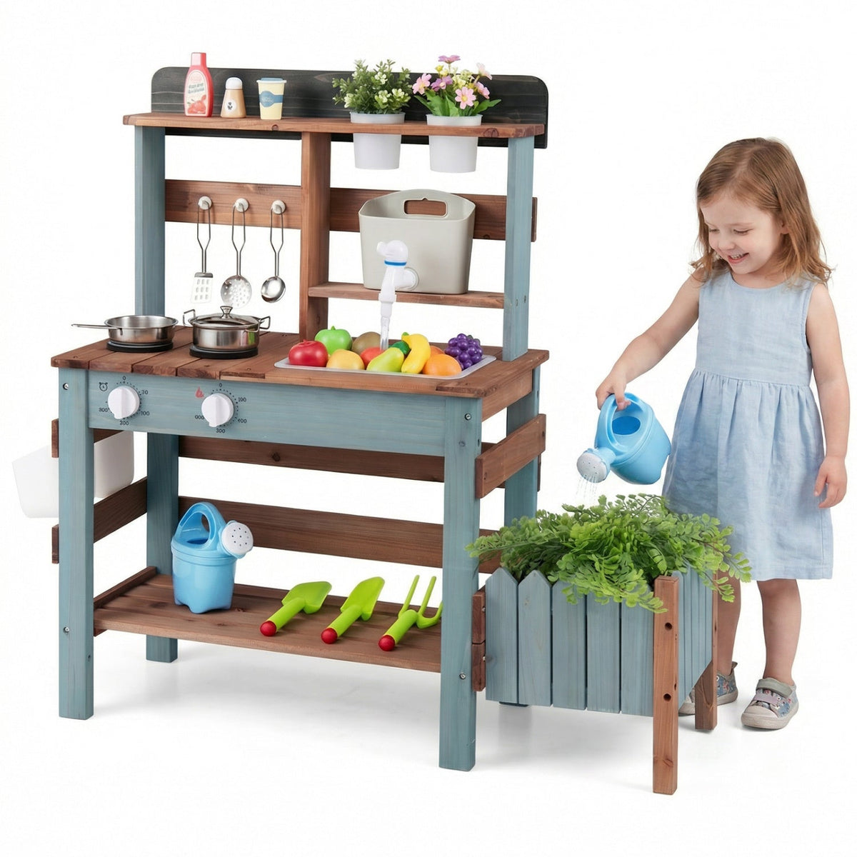 Wooden mud kitchen set with running water faucet, blue frame and brown shelves on Tampa Home & Garden Store