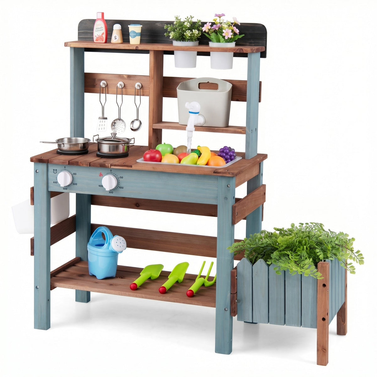 Wooden mud kitchen set with running water faucet, blue legs, sink and utensils on Tampa Home & Garden Store