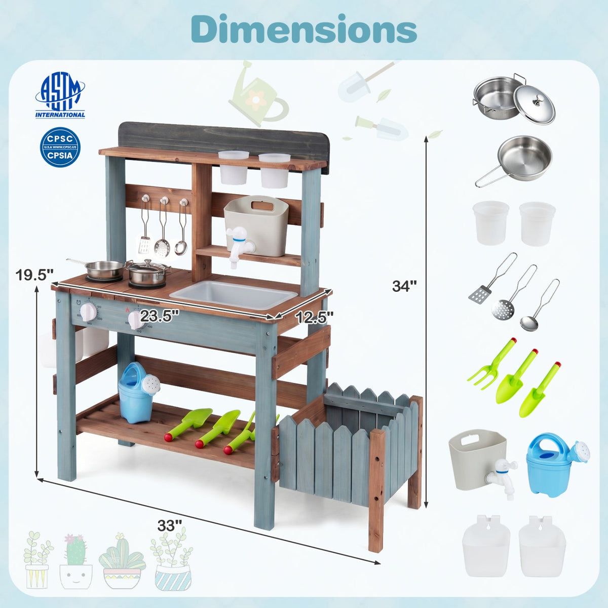 Wooden Mud Kitchen Set with Running Water Faucet Tank featuring sink, shelves and utensils on Tampa Home & Garden Store