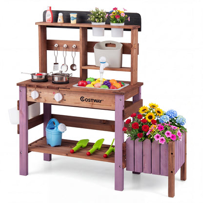 Wooden Mud Kitchen Set with Running Water Faucet Tank, natural wood finish with purple legs on Tampa Home & Garden Store