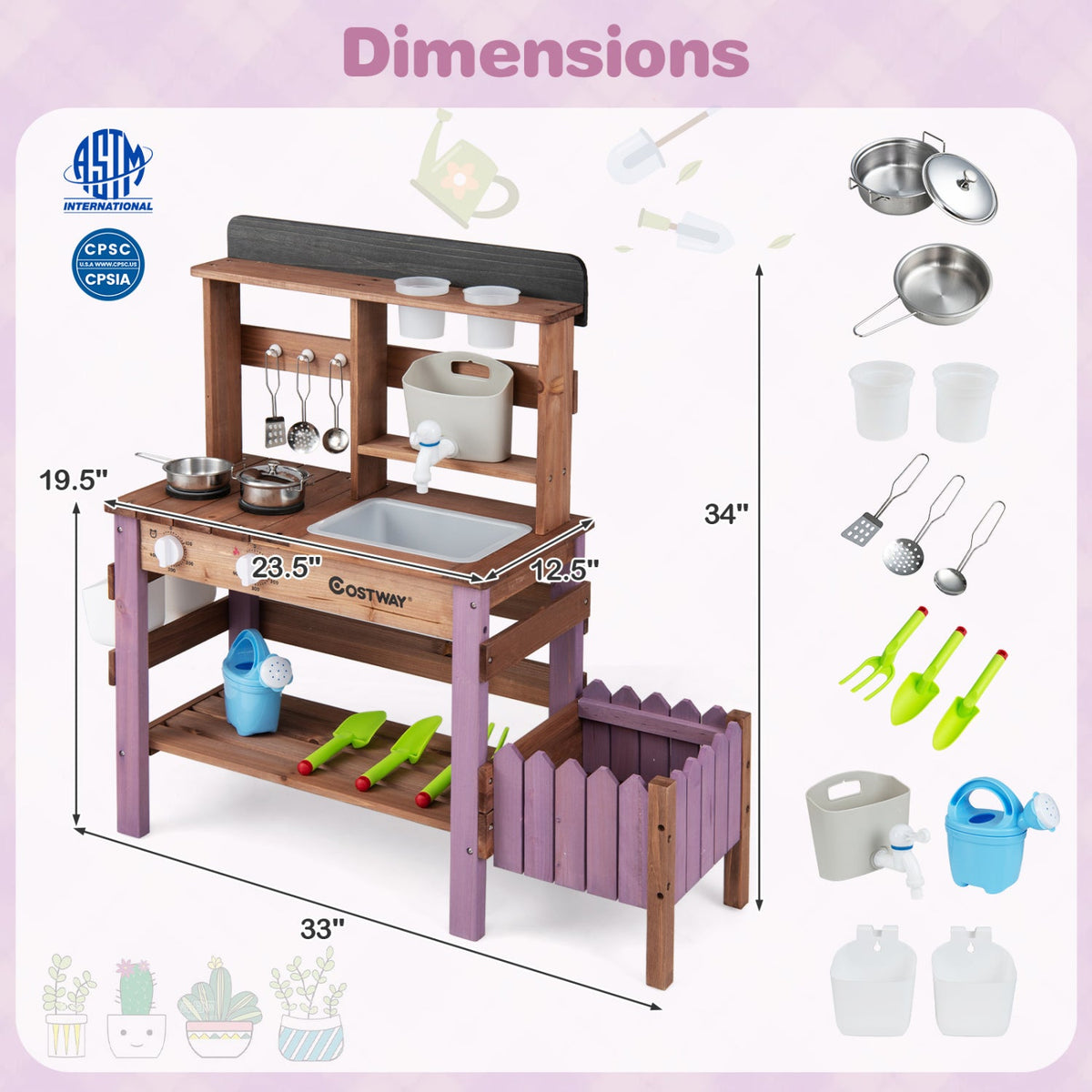Wooden mud kitchen set by Costway with sink and running faucet; wood with purple legs on Tampa Home & Garden Store