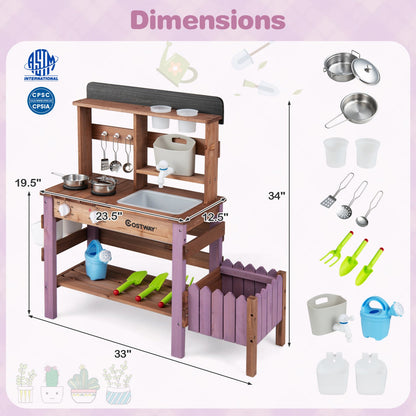 Wooden mud kitchen set by Costway with sink and running faucet; wood with purple legs on Tampa Home & Garden Store