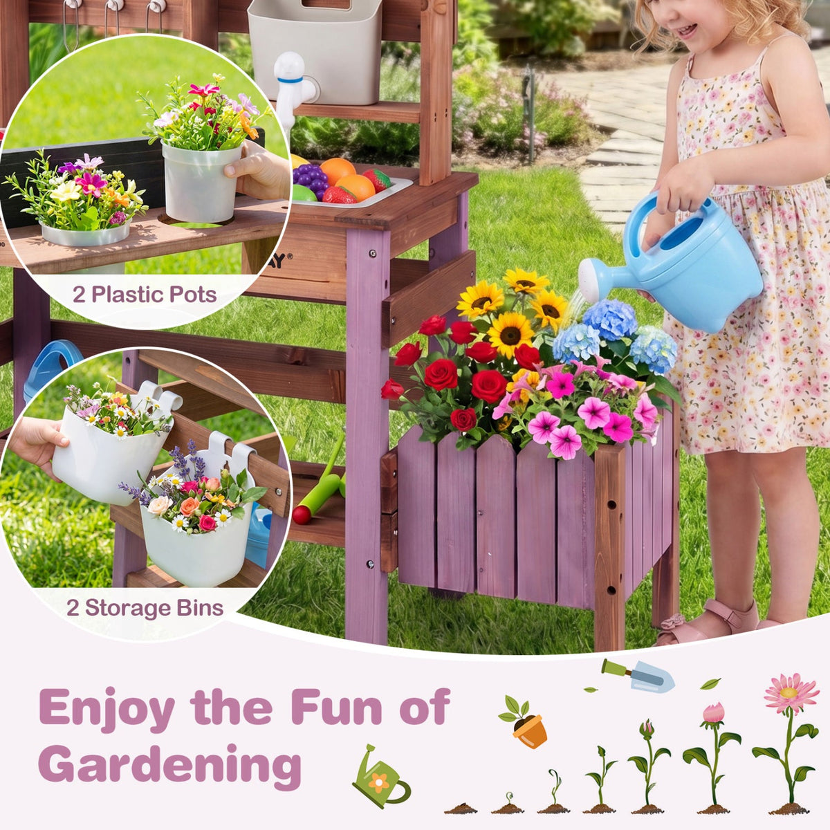 Wooden mud kitchen set with water faucet by DirectDeals, purple frame with 2 pots and 2 bins on Tampa Home & Garden Store