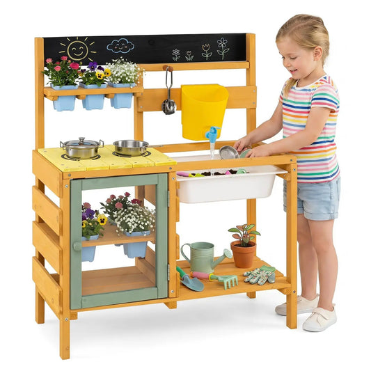 Wooden mud kitchen playset with faucet and water tank yellow countertop DirectDeals on Tampa Home & Garden Store