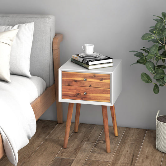 Wooden Nightstand Mid-Century End Side Table with 2 Storage Drawers-Brown - Tampa Home & Garden Store