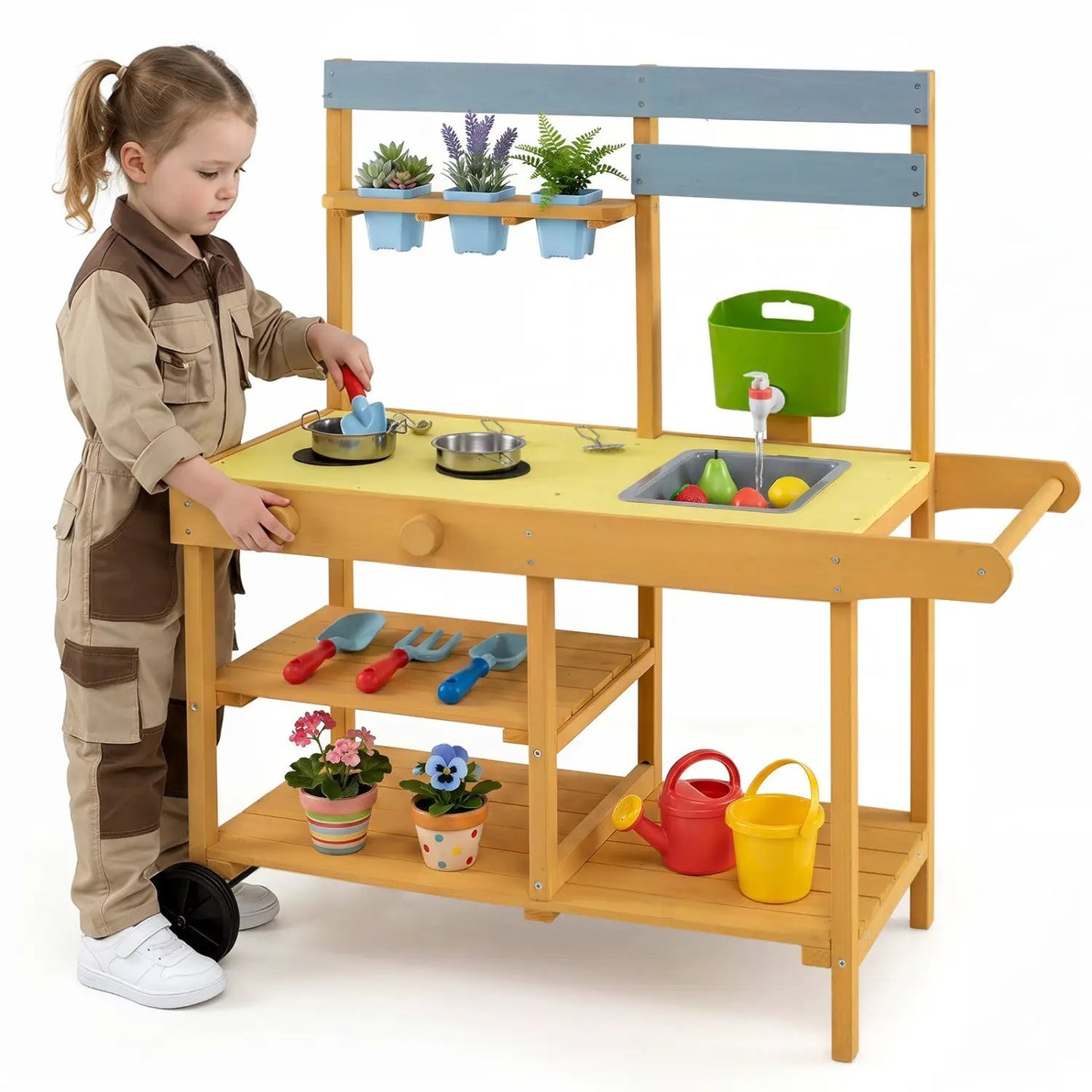 Wooden Outdoor Mud Kitchen For Kids With Wheels