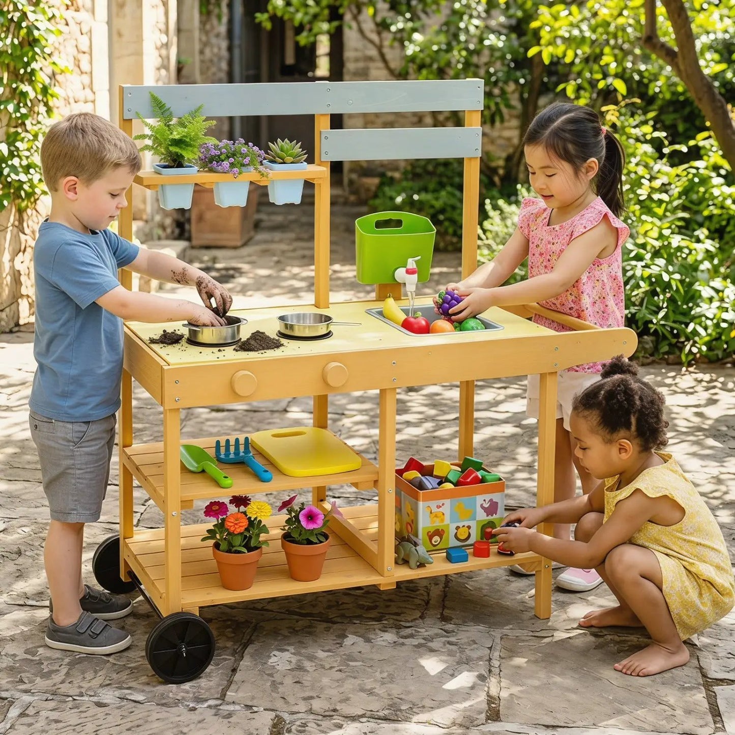 Wooden Outdoor Mud Kitchen For Kids With Wheels