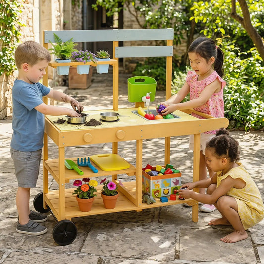 Wooden outdoor mud kitchen for kids with wheels, yellow, by DirectDeals, with sink and stove on Tampa Home & Garden Store