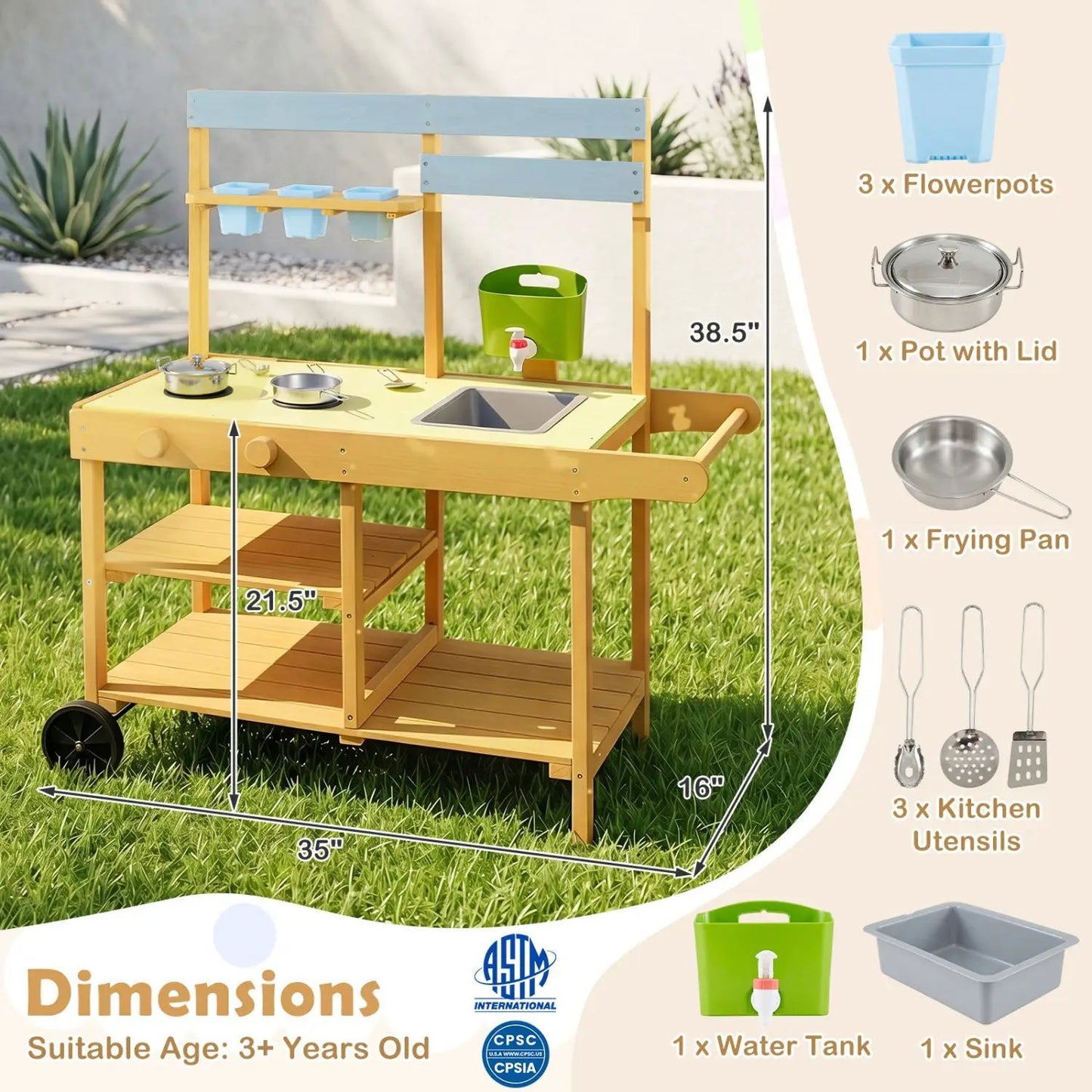 Wooden Outdoor Mud Kitchen For Kids With Wheels