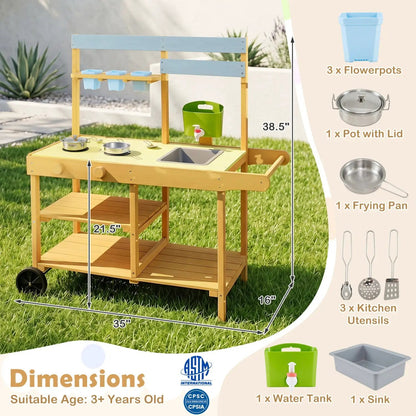 Wooden Outdoor Mud Kitchen For Kids With Wheels