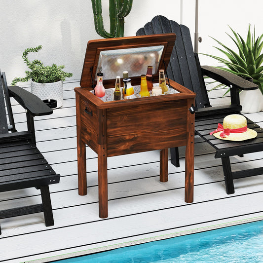 GemGear wooden patio cooler with 3 handles and bottle opener in brown finish, ice-filled on Tampa Home & Garden Store