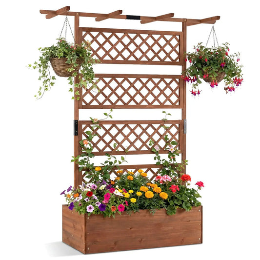 Wooden Planter Box with Lattice Trellis Screen