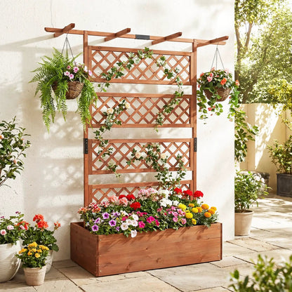 Wooden Planter Box with Lattice Trellis Screen
