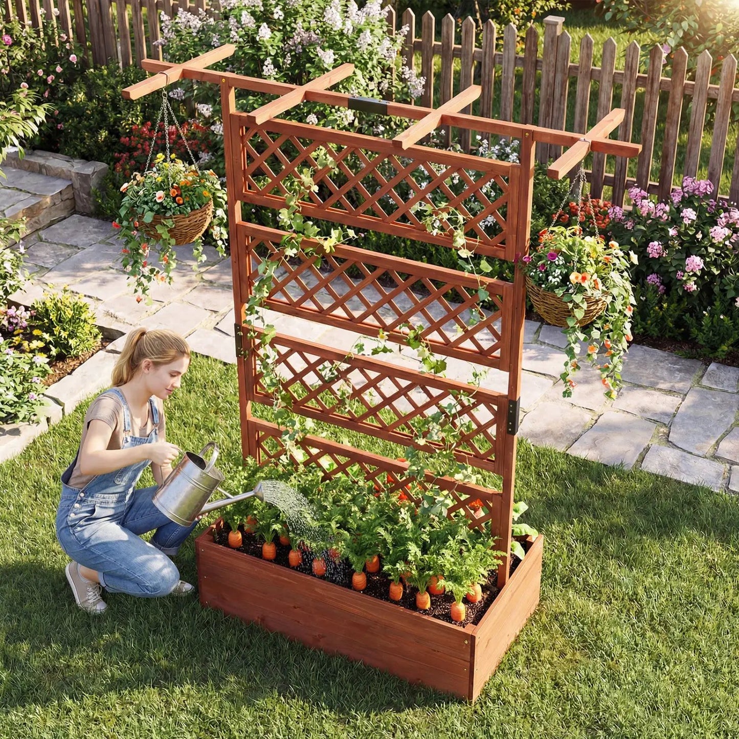 Wooden Planter Box with Lattice Trellis Screen