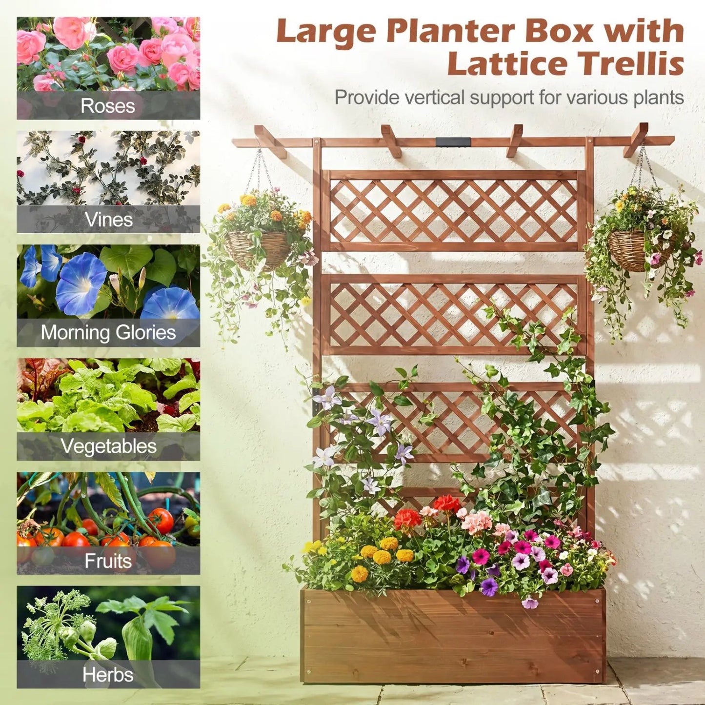 Wooden Planter Box with Lattice Trellis Screen