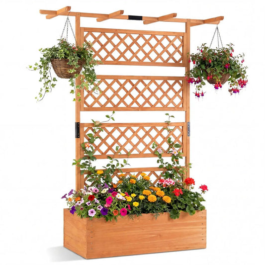 Wooden Planter Box with Lattice Trellis Screen