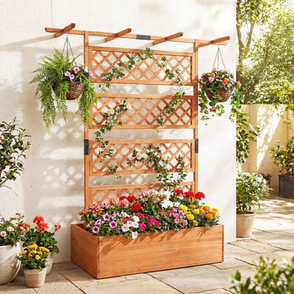 Wooden Planter Box with Lattice Trellis Screen