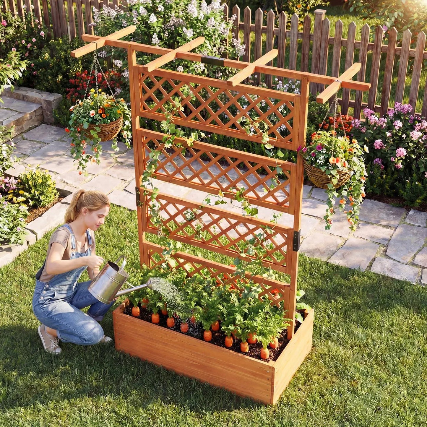 Wooden Planter Box with Lattice Trellis Screen