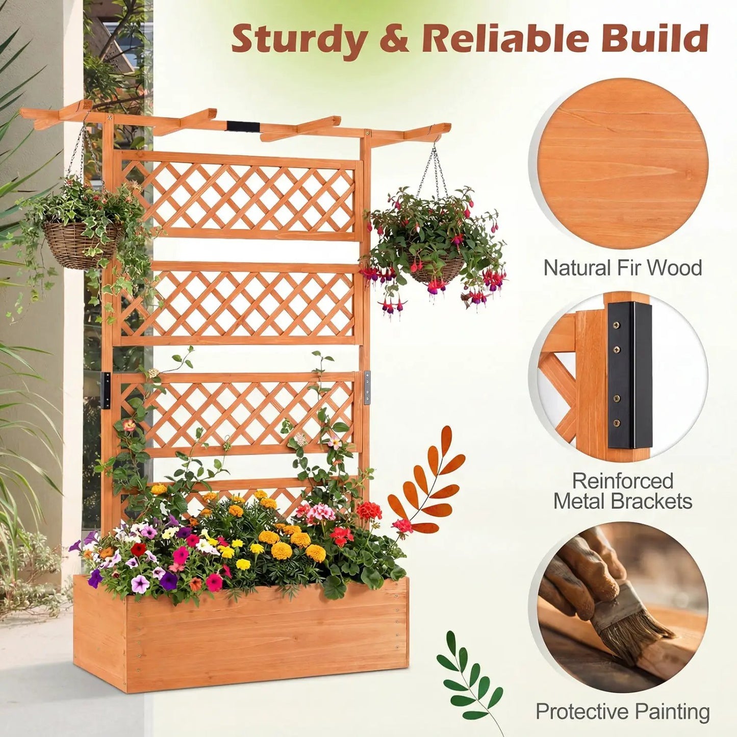 Wooden Planter Box with Lattice Trellis Screen