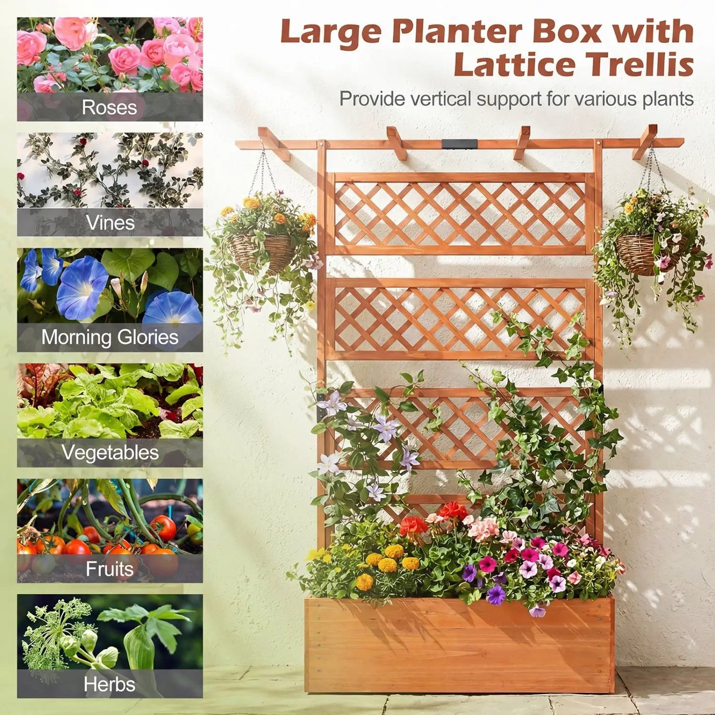 Wooden Planter Box with Lattice Trellis Screen