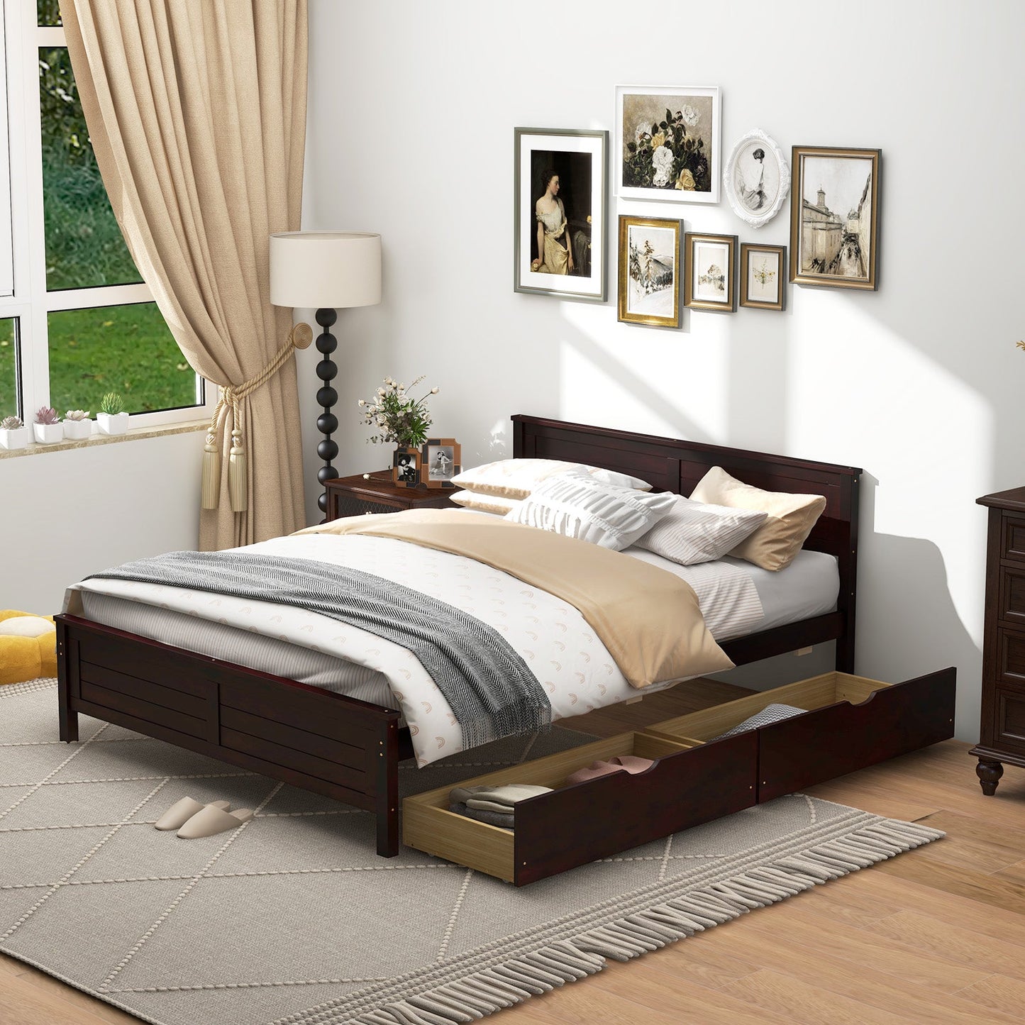 Base de Cama Matrimonial con Cajones de Almacenamiento y Cabecero de Madera Maciza - Espresso