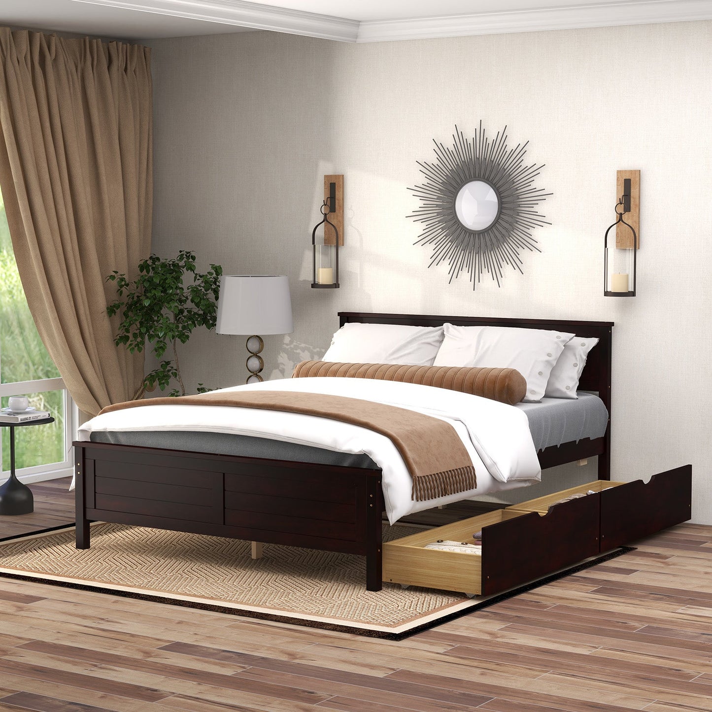 Base de Cama Matrimonial con Cajones de Almacenamiento y Cabecero de Madera Maciza - Espresso