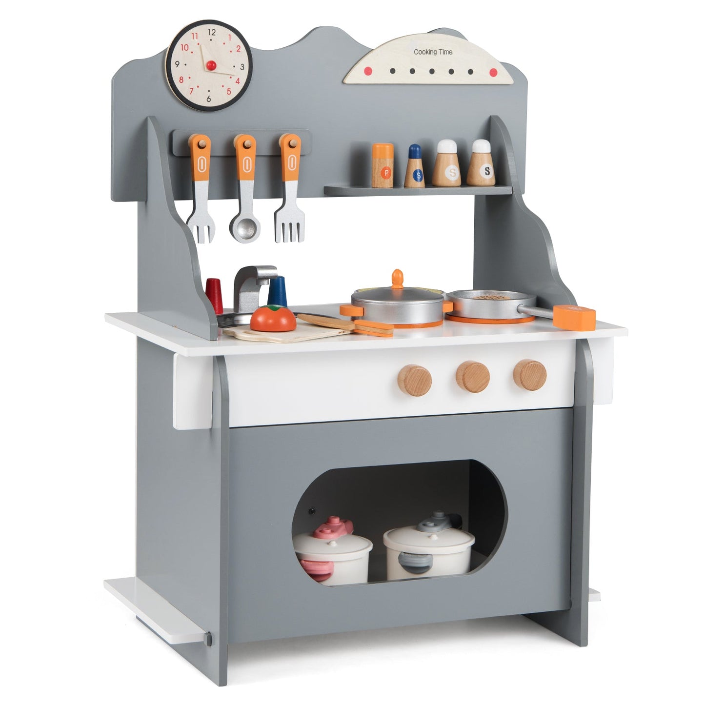 Wooden Play Kitchen for Kids Pretend Play Toy Kitchen Set with Clock Gift for Boys and Girls 3 +Pink