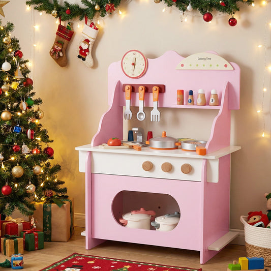 Wooden Play Kitchen for Kids Pretend Play Toy Kitchen Set with Clock Gift for Boys and Girls 3 +Pink - Tampa Home & Garden Store