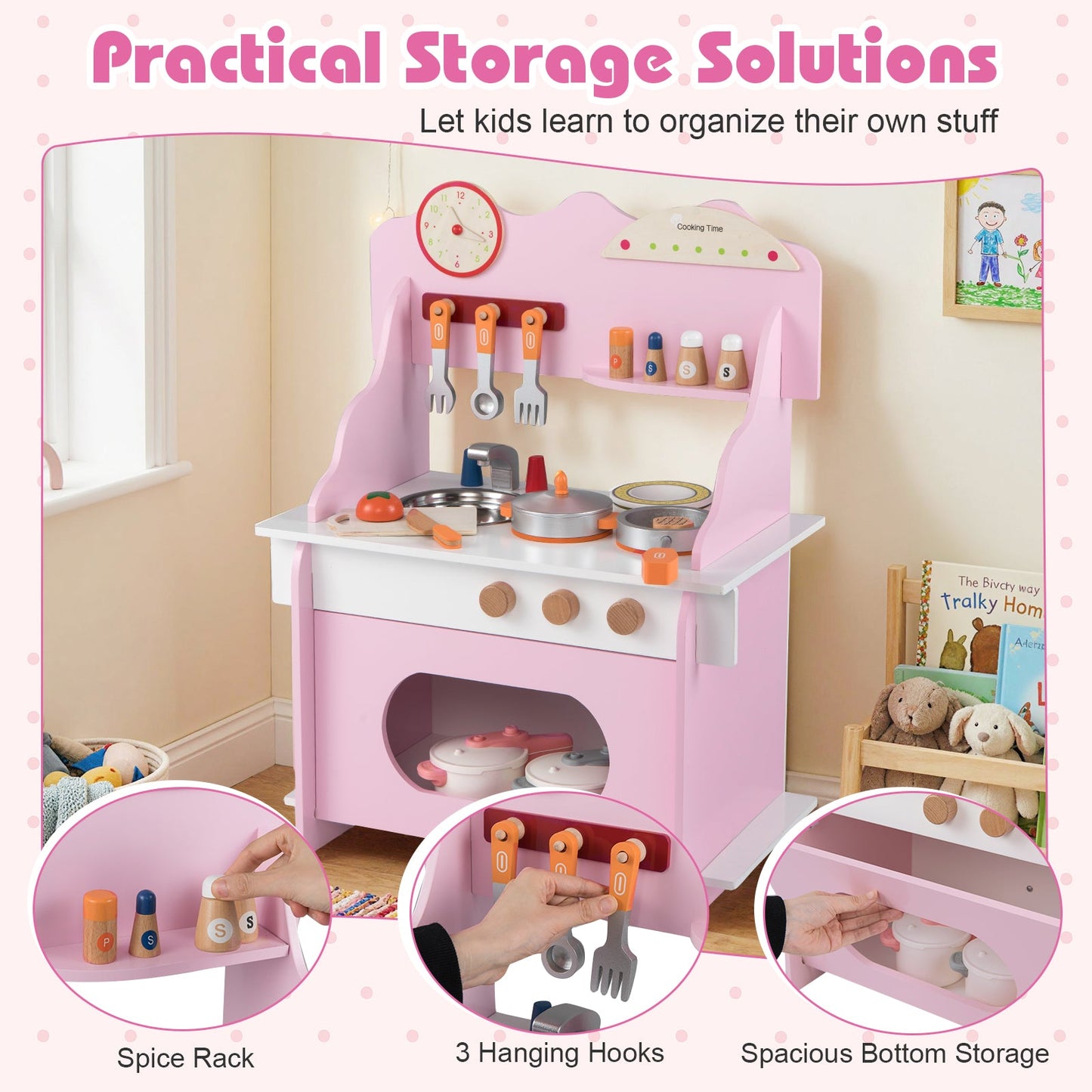 Wooden Play Kitchen for Kids Pretend Play Toy Kitchen Set with Clock Gift for Boys and Girls 3 +Pink