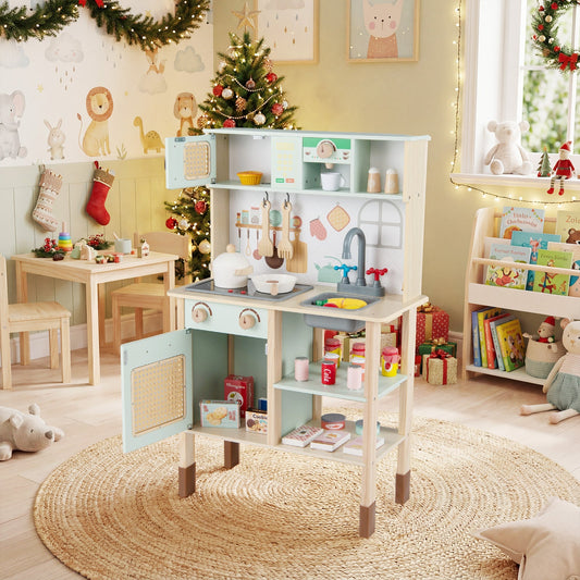 Wooden Play Kitchen for Kids with Lights and Sounds Retro Style With Accessories-Green - Tampa Home & Garden Store