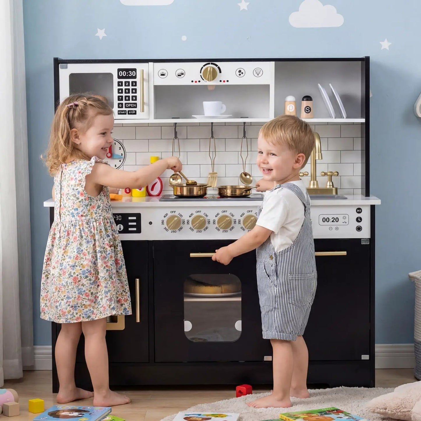 Wooden Play Kitchen for Kids Realistic Lights