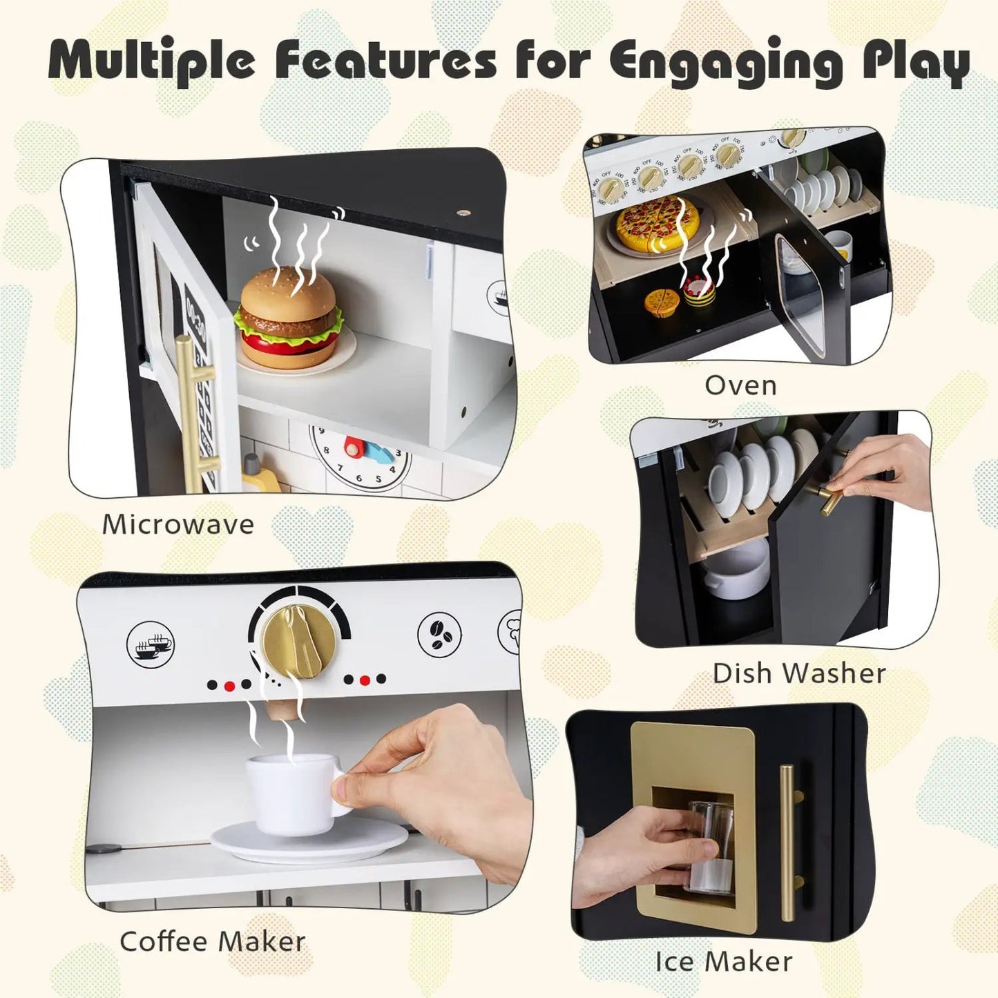 Wooden Play Kitchen for Kids Realistic Lights
