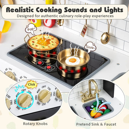 Wooden Play Kitchen for Kids Realistic Lights
