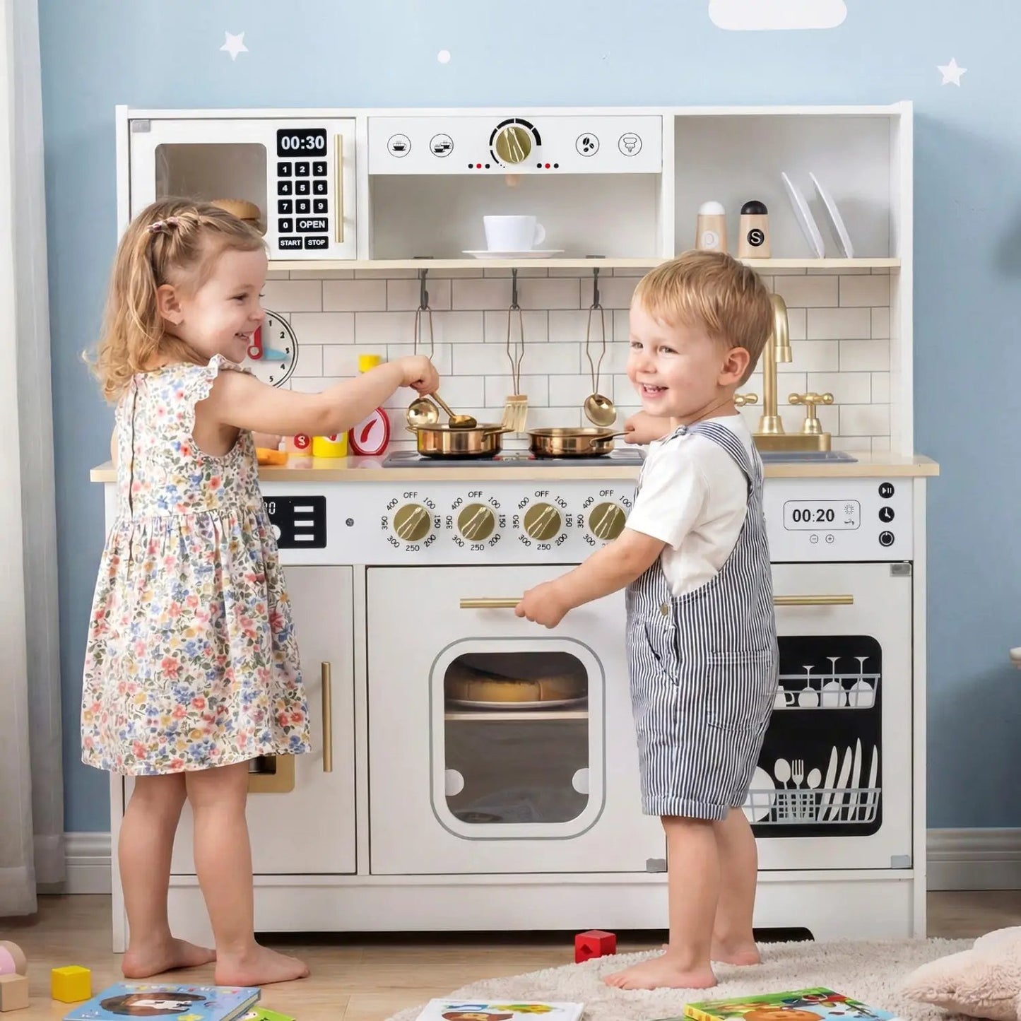 Wooden Play Kitchen for Kids Realistic Lights