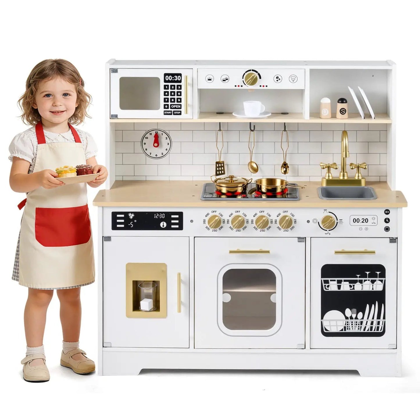 Wooden Play Kitchen for Kids Realistic Lights