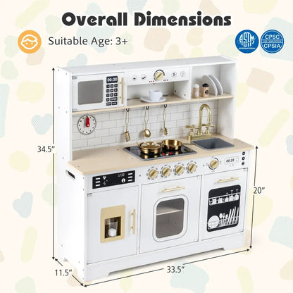 Wooden Play Kitchen for Kids Realistic Lights