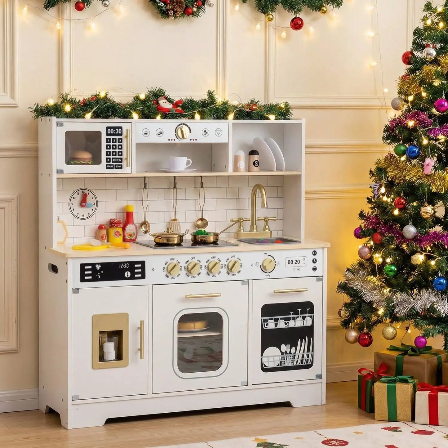 Wooden Play Kitchen for Kids Realistic Lights