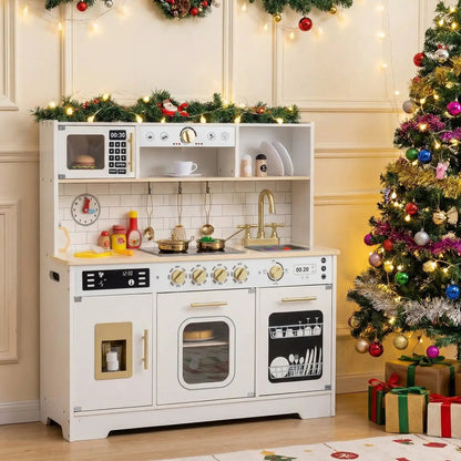 Wooden Play Kitchen for Kids Realistic Lights