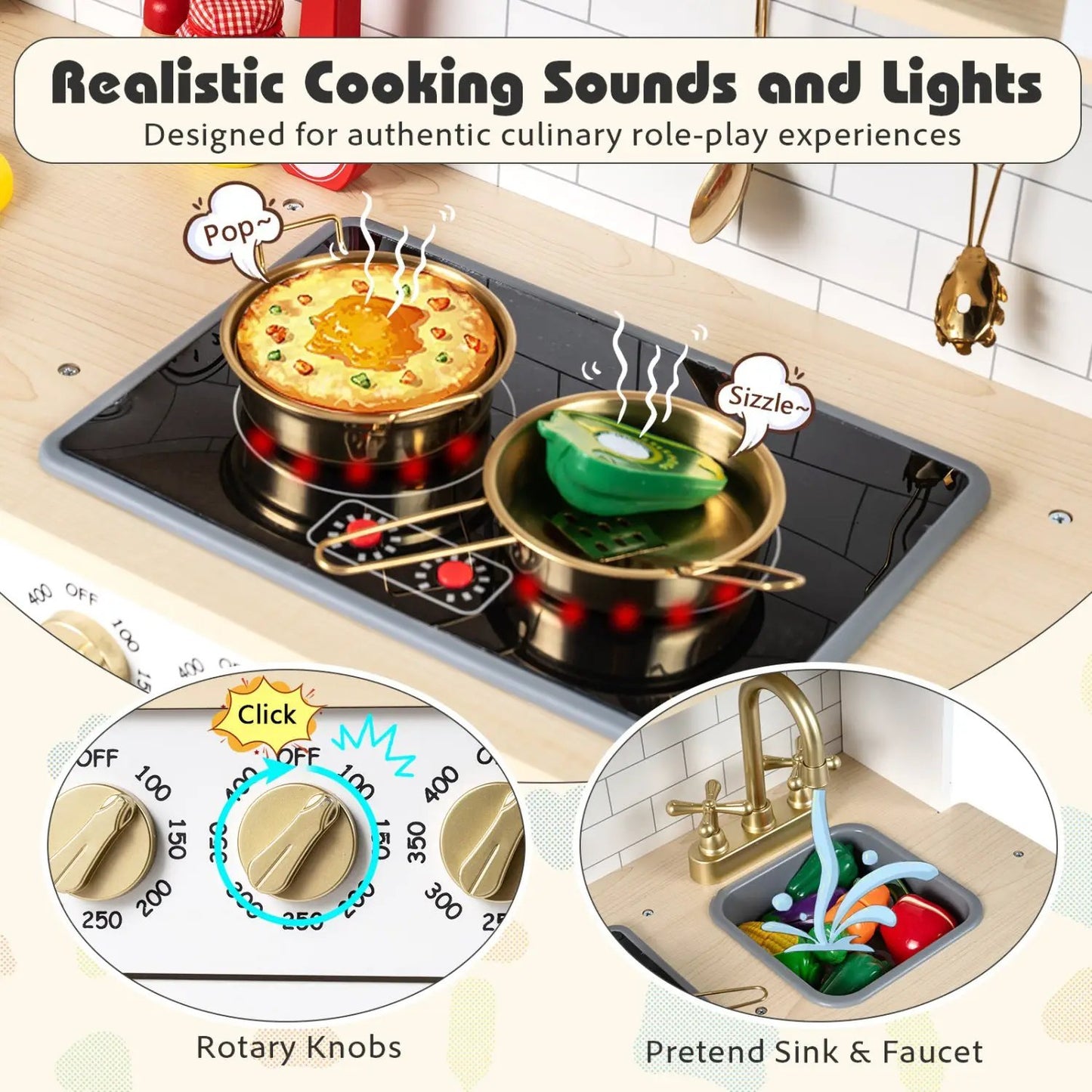 Wooden Play Kitchen for Kids Realistic Lights