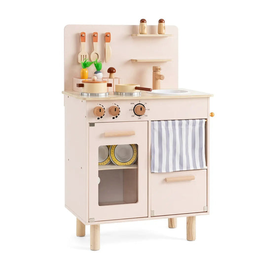 Wooden play kitchen set with stove, sink and faucet in beige; includes hanging utensils on panel on Tampa Home & Garden Store