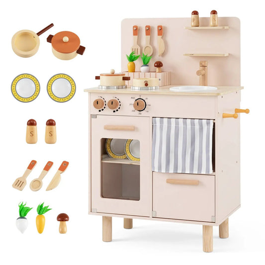 Wooden play kitchen set with stove, sink and faucet in cream finish and pots and utensils on Tampa Home & Garden Store