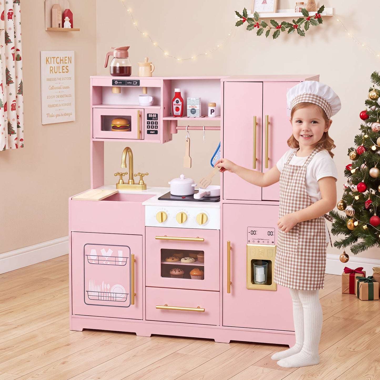 Wooden play kitchen set with lights and sounds, pink finish, stove and fridge DirectDeals on Tampa Home & Garden Store