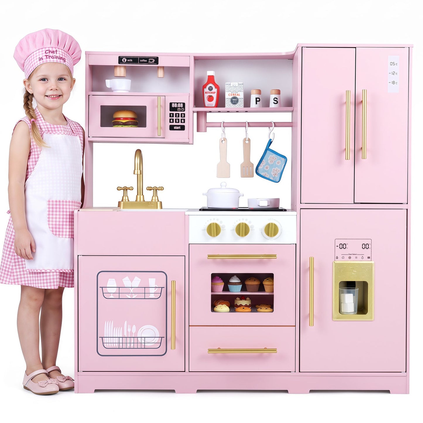 Play Kitchen Set by DirectDeals, pink wooden kitchen with oven, sink and fridge on Tampa Home & Garden Store