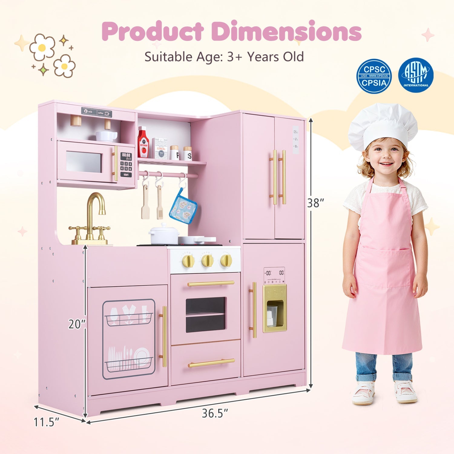 Wooden play kitchen set in pink with lights and sounds; stove, sink, microwave; DirectDeals; kid in chef hat beside on Tampa Home & Garden Store