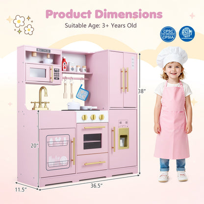 Wooden play kitchen set in pink with lights and sounds; stove, sink, microwave; DirectDeals; kid in chef hat beside on Tampa Home & Garden Store