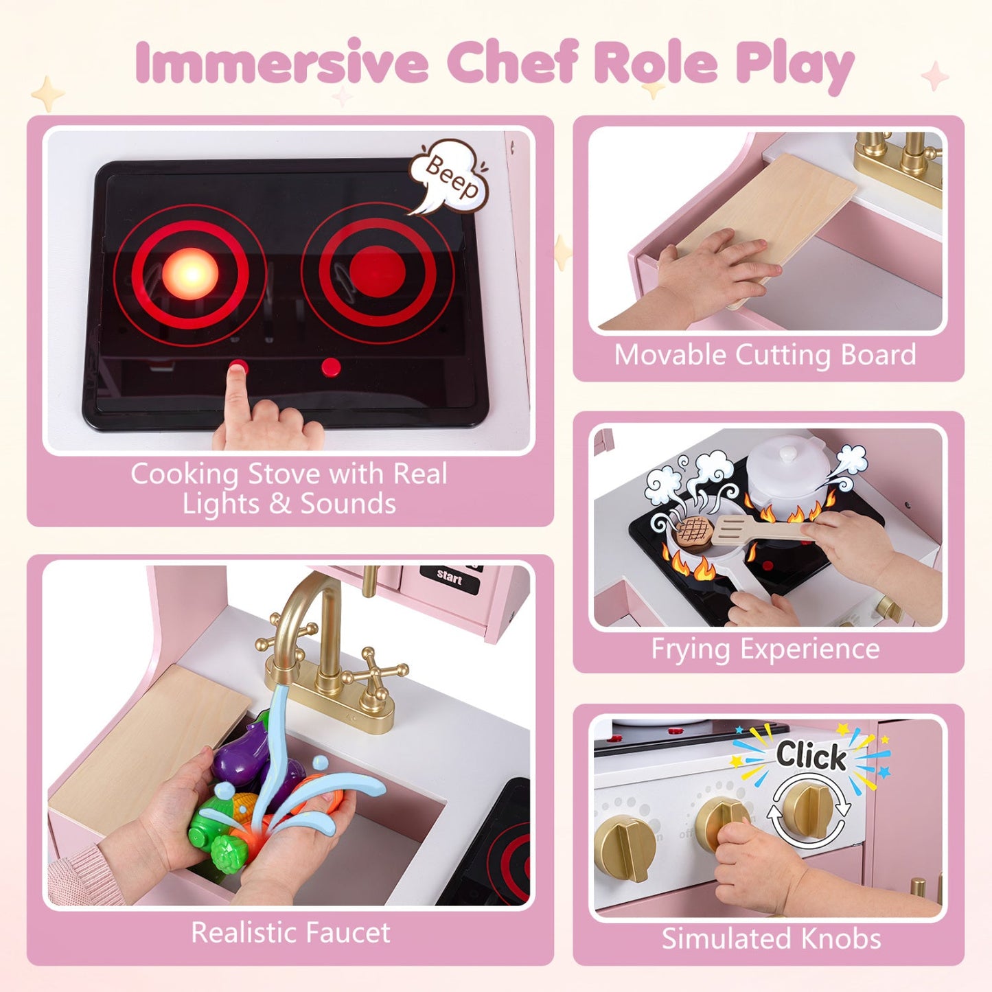 Wooden Play Kitchen Set by DirectDeals with pink finish stove with lights cutting board on Tampa Home & Garden Store