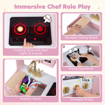 Wooden Play Kitchen Set by DirectDeals with pink finish stove with lights cutting board on Tampa Home & Garden Store