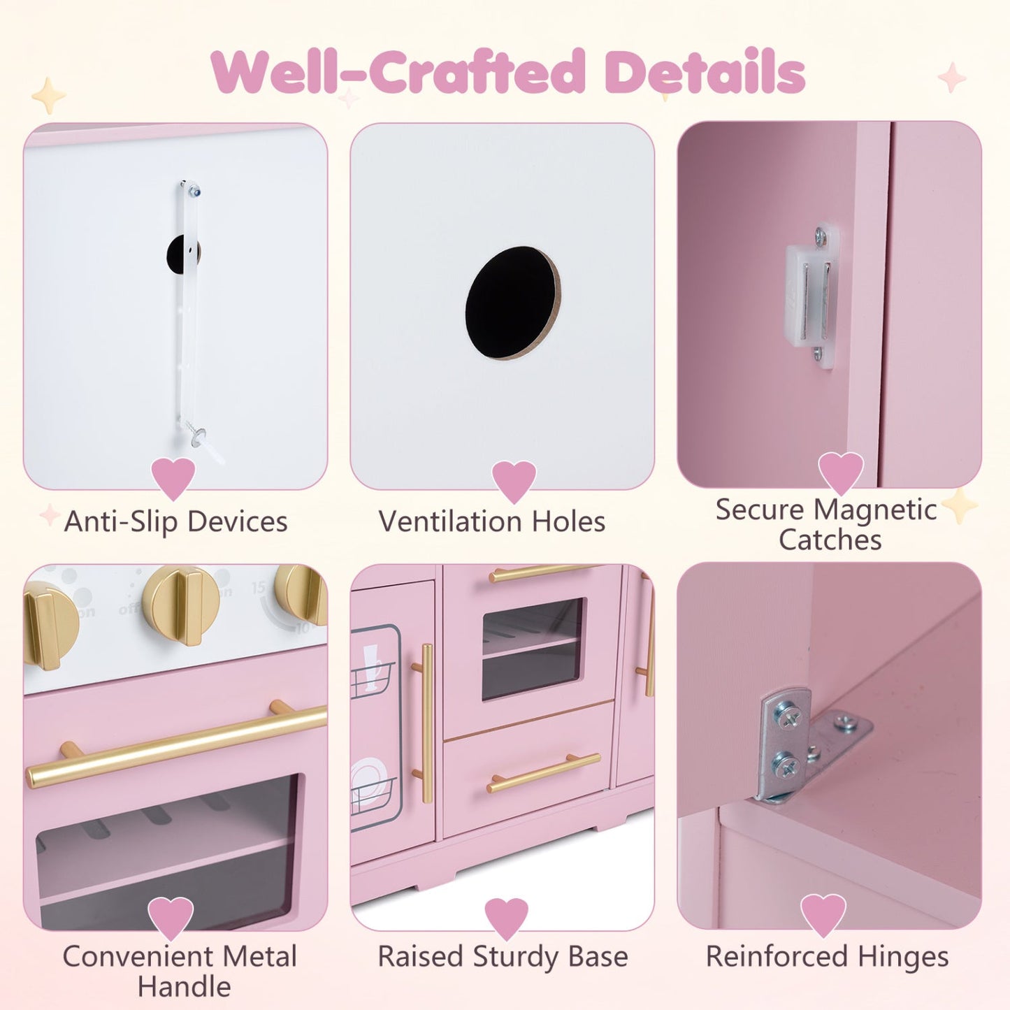 Wooden play kitchen set pink with gold handles and built-in lights & sounds by DirectDeals on Tampa Home & Garden Store