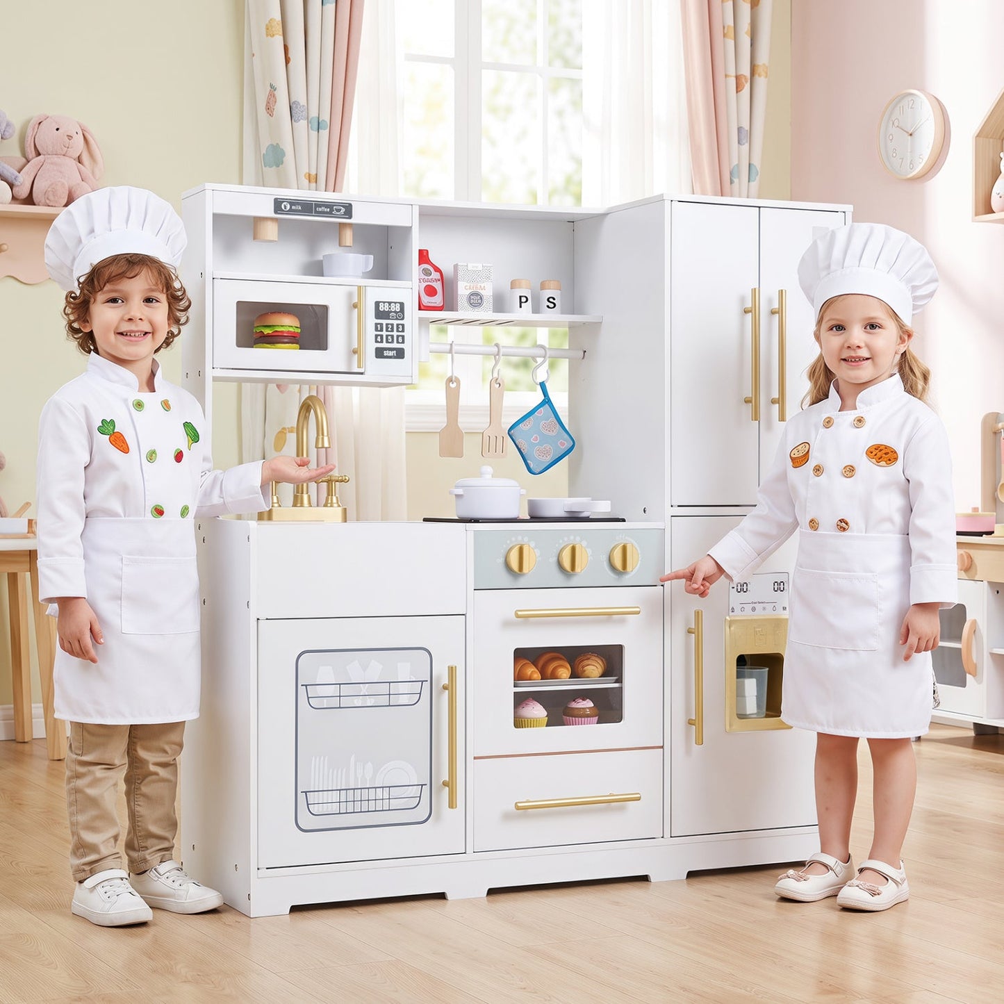 Wooden play kitchen set with lights and sounds, white with gold knobs on Tampa Home & Garden Store