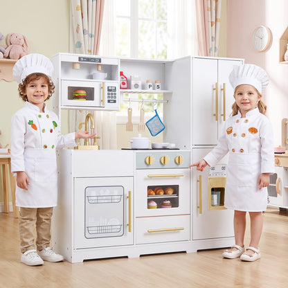 Wooden play kitchen set with lights and sounds, white with gold knobs on Tampa Home & Garden Store